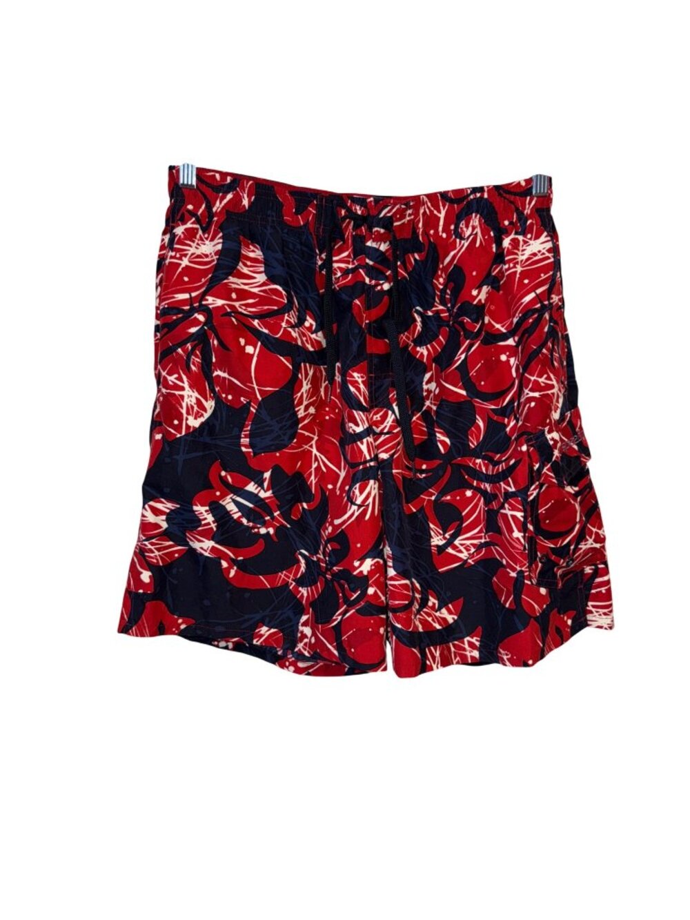 Speedo Mens Red & Navy Swim Trunks Large Drawstring Elastic Waist With Pockets